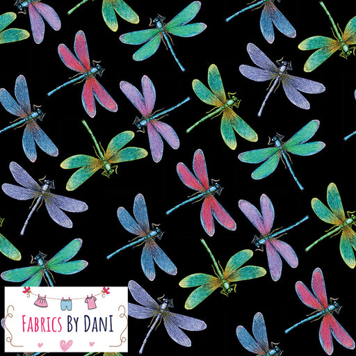 Dragonflies - Black Background Fabric