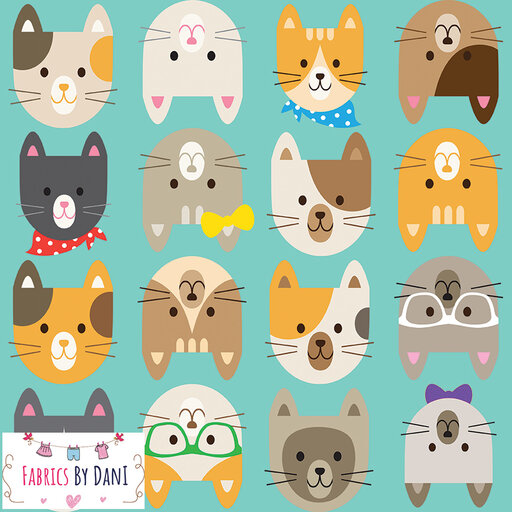 Hipster Cats on Mint Fabric